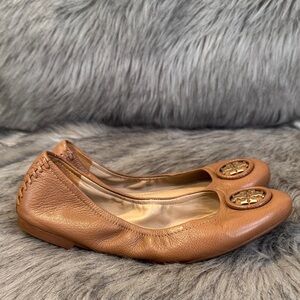 Tory Burch Tan Leather Logo Ballet Flats